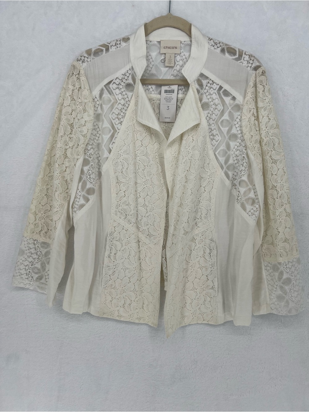 Chicos Mixed-Lace Moto Jacket White/Cream  Sheer Open Front Zip Pockets Sz XL/16